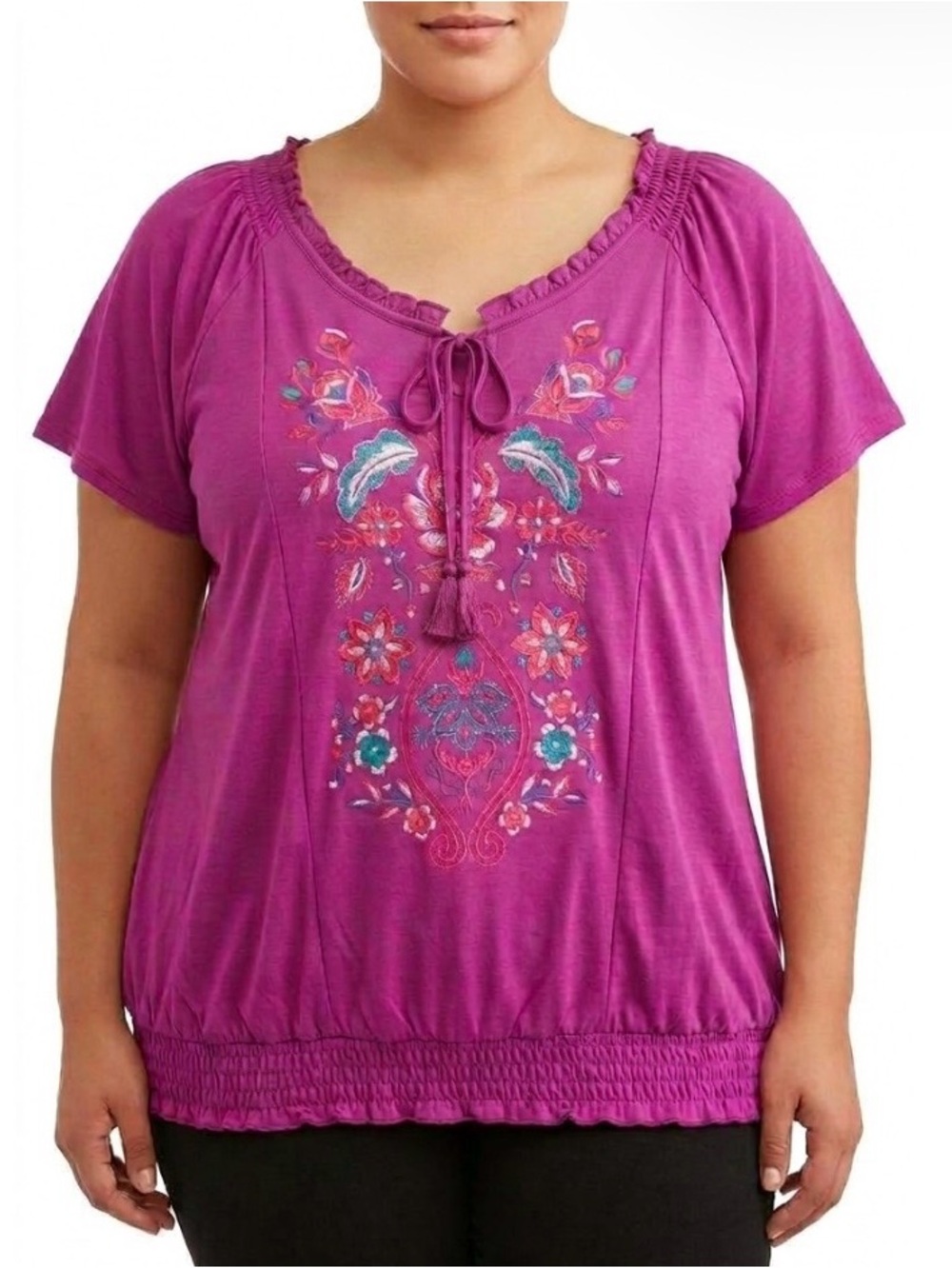 NWT Chances R Purple Embroidered Peasant Top Short Sleeve boho Tunic Blouse 2X